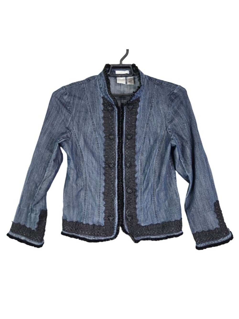 Womens Emma James Blue Denim Jacket Black Lace Trim Cotton Blend Stretch Size 10